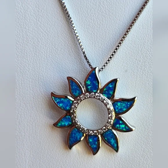 Sterling Silver 925 Necklace Silver 925 Blue Sunflower Opal  Pendant Necklace - Picture 16 of 17